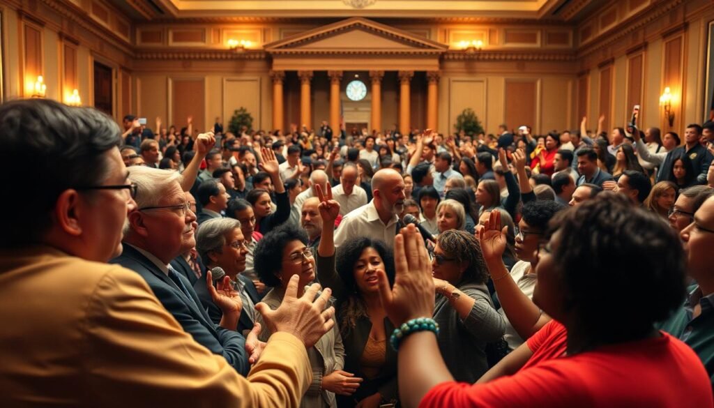 A bustling town hall meeting, with citizens of diverse backgrounds actively engaged in discussions and debates. Warm lighting illuminates the scene, casting a sense of openness and transparency. In the foreground, a panel of lawmakers listens intently, their expressions signifying a genuine willingness to incorporate public feedback into the revision of legal statutes. The middle ground is filled with a sea of upraised hands, microphones, and animated gestures, capturing the energy and passion of the public participation. In the background, a grand, stately building serves as the backdrop, symbolizing the institution of government and its responsiveness to the voice of the people. An atmosphere of collaboration and civic engagement permeates the scene, reflecting the ideals of a transparent and inclusive legislative process.