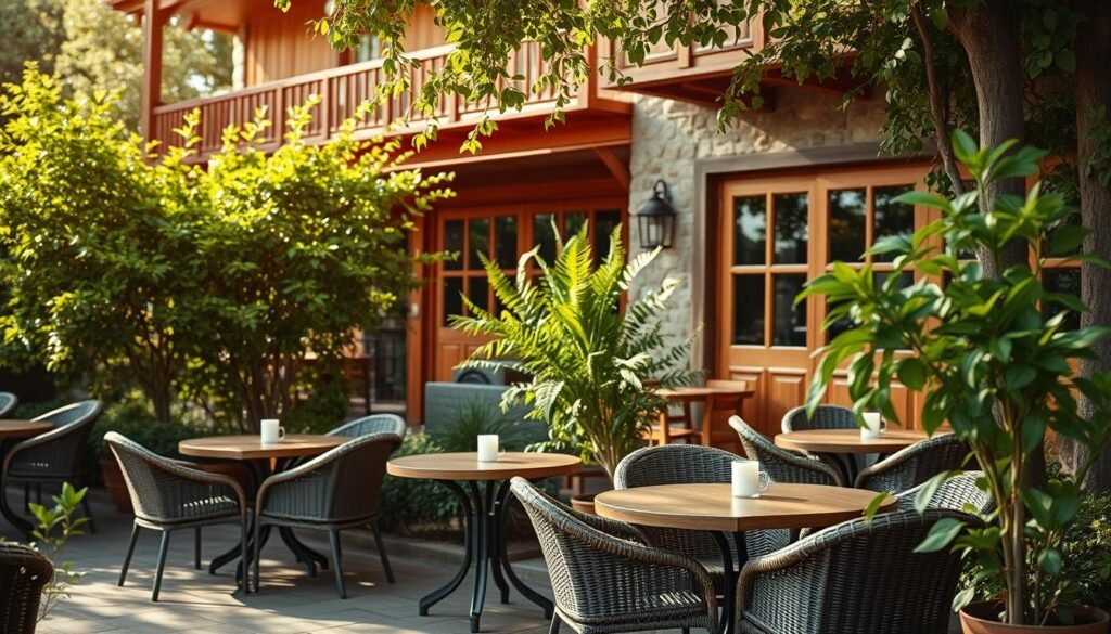 A cozy family restaurant with a charming outdoor area. In the foreground, a well-appointed wooden patio is dotted with small tables and wicker chairs, creating an inviting, relaxed atmosphere. The middle ground features lush, verdant plants and trees that provide natural shade and a sense of seclusion. In the background, the facade of the restaurant is a warm, earthy blend of wood and stone, exuding a rustic, homely ambiance. Soft, natural lighting bathes the scene, casting a golden glow and enhancing the tranquil, family-friendly mood. The overall composition evokes a sense of comfort, hospitality, and the perfect setting for an intimate, leisurely meal.