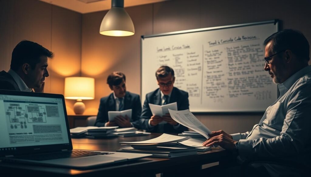 A dimly lit conference room, where a group of legal experts intently pore over stacks of documents and papers. Soft lamplight casts a warm glow, highlighting the concentration on their faces as they meticulously review and refine the criminal code revisions. In the foreground, a laptop displays complex legal diagrams and flow charts, while in the background, a large whiteboard displays scribbled notes and annotated sections of the law. An atmosphere of focused deliberation permeates the scene, conveying the gravity and technicality of the process of revising the criminal justice system.