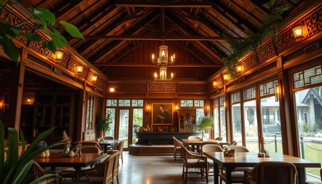 a cozy and charming Javanese-style restaurant with a warm, inviting atmosphere. the exterior features a traditional joglo-style roof and intricate wooden carvings, surrounded by lush greenery and a tranquil pond. the interior is filled with natural light, with exposed wooden beams, rattan furnishings, and antique Javanese artifacts adorning the space. soft, diffused lighting creates a soothing ambiance, while large windows offer picturesque views of the serene outdoor setting. the menu features authentic Javanese cuisine, with the aroma of spices and freshly-prepared dishes wafting through the air. this peaceful oasis, steeped in Javanese heritage and culture, provides a truly immersive dining experience.