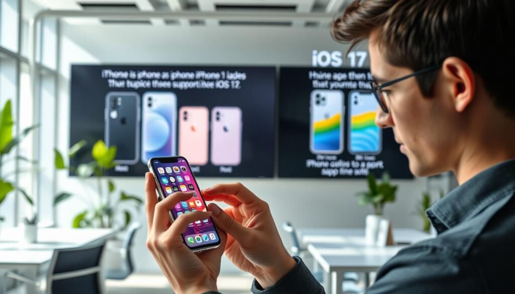 A futuristic office setting where a user interacts with an iPhone displaying iOS 17 features. In the foreground, a young professional in smart casual attire is focused on the sleek iPhone in their hand, showcasing a vibrant, user-friendly interface with innovative app layouts. The middle ground features a large digital wall screen displaying comparisons of different iPhone models, emphasizing which devices support iOS 17. In the background, soft natural light illuminates the workspace, with modern office furniture and greenery to enhance a productive atmosphere. The composition reflects a sense of excitement and curiosity about the new user experience, creating an engaging visual narrative. The image conveys a mood of innovation and advancement in technology, inviting viewers to explore the impact of iOS updates. A futuristic office setting where a user interacts with an iPhone displaying iOS 17 features. In the foreground, a young professional in smart casual attire is focused on the sleek iPhone in their hand, showcasing a vibrant, user-friendly interface with innovative app layouts. The middle ground features a large digital wall screen displaying comparisons of different iPhone models, emphasizing which devices support iOS 17. In the background, soft natural light illuminates the workspace, with modern office furniture and greenery to enhance a productive atmosphere. The composition reflects a sense of excitement and curiosity about the new user experience, creating an engaging visual narrative. The image conveys a mood of innovation and advancement in technology, inviting viewers to explore the impact of iOS updates.