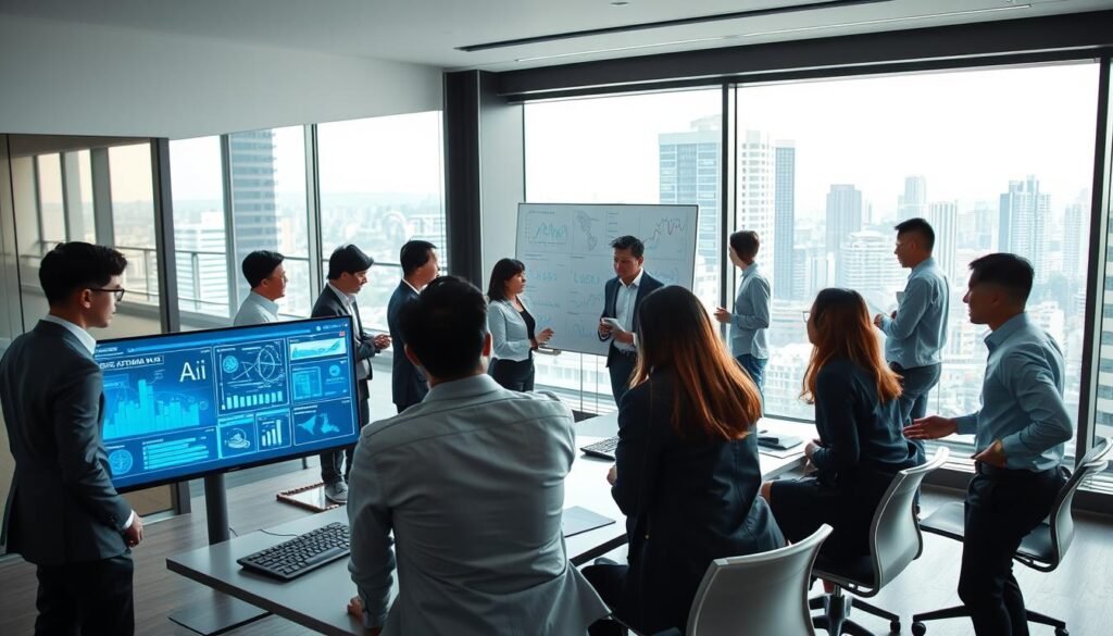 A modern office environment showcasing the implementation of artificial intelligence in an Indonesian company. In the foreground, a diverse group of professionals in business attire collaborate around a sleek conference table, looking at digital screens displaying AI data and analytics. In the middle ground, an interactive whiteboard is filled with graphs and AI concepts, while a few employees are engaged in deep discussions. The background features a large window with a view of a bustling Indonesian city, allowing natural light to flood the room, creating a vibrant and optimistic atmosphere. The scene is captured with a slightly upward angle, highlighting the energy of innovation and teamwork. The overall mood is dynamic and forward-thinking, emphasizing the future of AI in business. A modern office environment showcasing the implementation of artificial intelligence in an Indonesian company. In the foreground, a diverse group of professionals in business attire collaborate around a sleek conference table, looking at digital screens displaying AI data and analytics. In the middle ground, an interactive whiteboard is filled with graphs and AI concepts, while a few employees are engaged in deep discussions. The background features a large window with a view of a bustling Indonesian city, allowing natural light to flood the room, creating a vibrant and optimistic atmosphere. The scene is captured with a slightly upward angle, highlighting the energy of innovation and teamwork. The overall mood is dynamic and forward-thinking, emphasizing the future of AI in business.