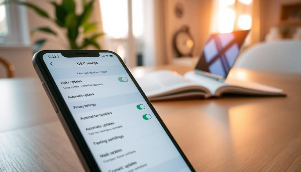 A modern smartphone displaying the iOS 17 update settings interface, showcasing a clean and user-friendly design. In the foreground, a close-up of the phone screen reveals various toggle switches for features like automatic updates and privacy settings, with vibrant icons representing each option. The middle space includes a sleek desk with a laptop and an open notebook, emphasizing a workspace atmosphere. The background features a softly blurred home setting with warm, natural lighting streaming through a window, creating a welcoming mood. A subtle depth of field enhances the smartphone's prominence while maintaining an inviting and professional ambiance, perfect for illustrating tips on iOS 17 settings and updates. A modern smartphone displaying the iOS 17 update settings interface, showcasing a clean and user-friendly design. In the foreground, a close-up of the phone screen reveals various toggle switches for features like automatic updates and privacy settings, with vibrant icons representing each option. The middle space includes a sleek desk with a laptop and an open notebook, emphasizing a workspace atmosphere. The background features a softly blurred home setting with warm, natural lighting streaming through a window, creating a welcoming mood. A subtle depth of field enhances the smartphone's prominence while maintaining an inviting and professional ambiance, perfect for illustrating tips on iOS 17 settings and updates.