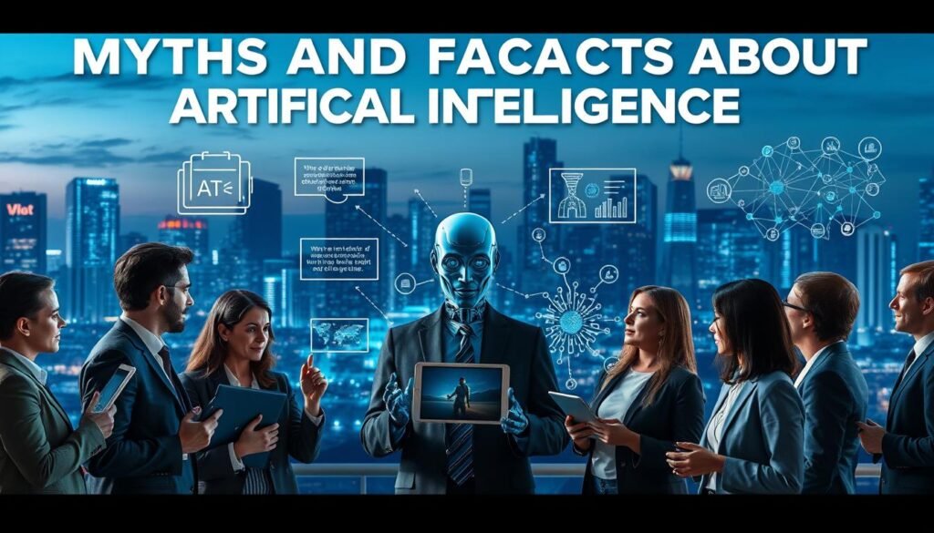 A visually striking representation of "Myths and Facts about Artificial Intelligence." In the foreground, a diverse group of professional individuals in business attire engage in a thoughtful discussion, holding tablets and charts displaying AI-related imagery. In the middle ground, intriguing visual metaphors illustrate common myths, such as a robot with exaggerated features representing misconceptions, alongside realistic AI elements like neural networks and data streams. The background features a futuristic city skyline at dusk, illuminated with soft, blue lighting that suggests innovation and technology. The atmosphere is intellectually stimulating and dynamic, capturing the essence of curiosity and discovery around AI. The image should have a balanced composition, focusing on clarity and engagement, avoiding text or overlays. A visually striking representation of "Myths and Facts about Artificial Intelligence." In the foreground, a diverse group of professional individuals in business attire engage in a thoughtful discussion, holding tablets and charts displaying AI-related imagery. In the middle ground, intriguing visual metaphors illustrate common myths, such as a robot with exaggerated features representing misconceptions, alongside realistic AI elements like neural networks and data streams. The background features a futuristic city skyline at dusk, illuminated with soft, blue lighting that suggests innovation and technology. The atmosphere is intellectually stimulating and dynamic, capturing the essence of curiosity and discovery around AI. The image should have a balanced composition, focusing on clarity and engagement, avoiding text or overlays.
