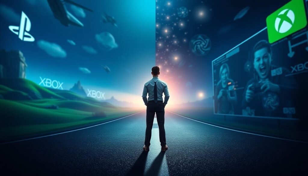 A dramatic and symbolic illustration of the impact of a game developer's transition between platforms, showcasing the contrasting elements of PlayStation and Xbox. In the foreground, a figure dressed in professional attire, representing the developer, stands at a crossroads, embodying uncertainty and opportunity. The middle ground features a split environment: on one side, a vibrant blue and green landscape themed around Xbox, with futuristic game design visuals; on the other side, a sleek dark blue and white atmosphere reflecting PlayStation, filled with iconic gaming imagery. In the background, abstract representations of gamers and their emotional responses—mixed feelings of anticipation and concern—emerge, blending in with soft, illuminating lights that create a stimulating yet contemplative mood. A soft depth of field with a slight vignette effect focuses on the developer at the center, enhancing the narrative of transition and impact.