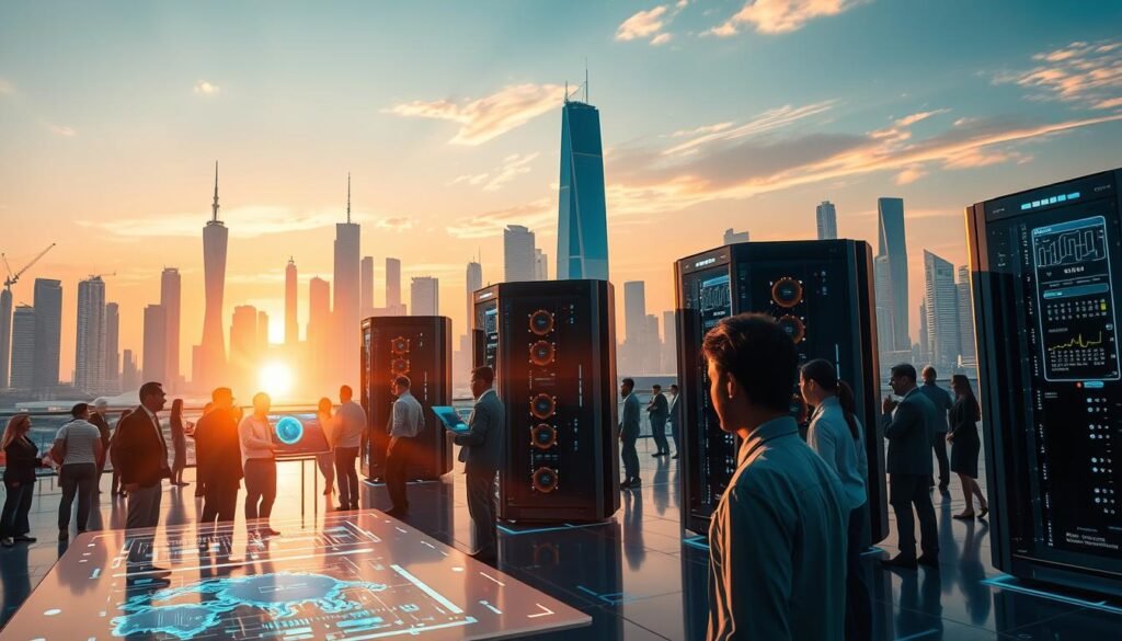 A futuristic scene depicting the global competition in supercomputing technology, showcasing sleek, high-tech supercomputers from various countries. In the foreground, a diverse group of professionals in business attire closely examines holographic displays showcasing data and analysis. The middle ground features powerful supercomputers with glowing elements, surrounded by visual representations of data flow and digital connections. In the background, iconic skyscrapers of various countries represent global powerhouses, with a soft sunset illuminating the skyline, creating an atmosphere of determination and ambition. The scene conveys a sense of urgency and innovation, with lens flare effects to enhance the cutting-edge technology vibe, captured from a slightly elevated angle for a dynamic perspective.
