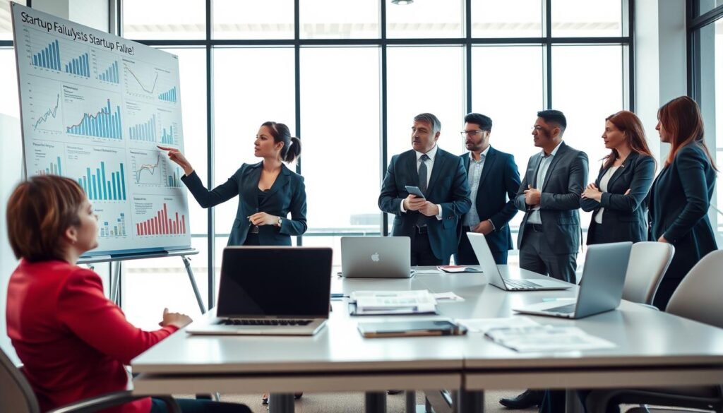 A professional workspace depicting a diverse group of individuals analyzing startup failure, showcasing a whiteboard filled with charts and graphs illustrating key metrics and pitfalls. In the foreground, a focused woman in smart business attire points to a critical statistic on the board, while a thoughtful man scribbles notes beside her, both engaged in serious discussion. In the middle ground, laptops and reports are scattered across a sleek conference table, emphasizing a data-driven approach to technology entrepreneurship. The background features a modern office setting with large windows letting in soft, natural light, creating a hopeful contrast to the serious theme. The atmosphere is one of intense focus and determination, blending professionalism with urgency. The angle is slightly tilted down to capture both the individuals and the collaborative workspace effectively.