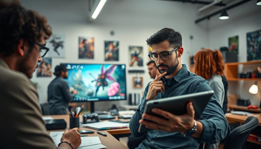 A professional workspace featuring a diverse team of video game designers collaborating on a project about Deviation Games. In the foreground, focus on a male lead designer with a thoughtful expression, reviewing digital art on a sleek tablet. The middle ground includes a large screen displaying concept art for a PS4 game, showcasing vibrant fantasy elements. The background reveals a modern studio with game design posters on the walls, scattered sketches, and colorful gaming paraphernalia. Soft, diffused lighting enhances the creative atmosphere, while a wide-angle lens perspective captures the dynamic team interaction. The overall mood conveys innovation, collaboration, and a sense of urgency reflecting the industry’s fast-paced nature.
