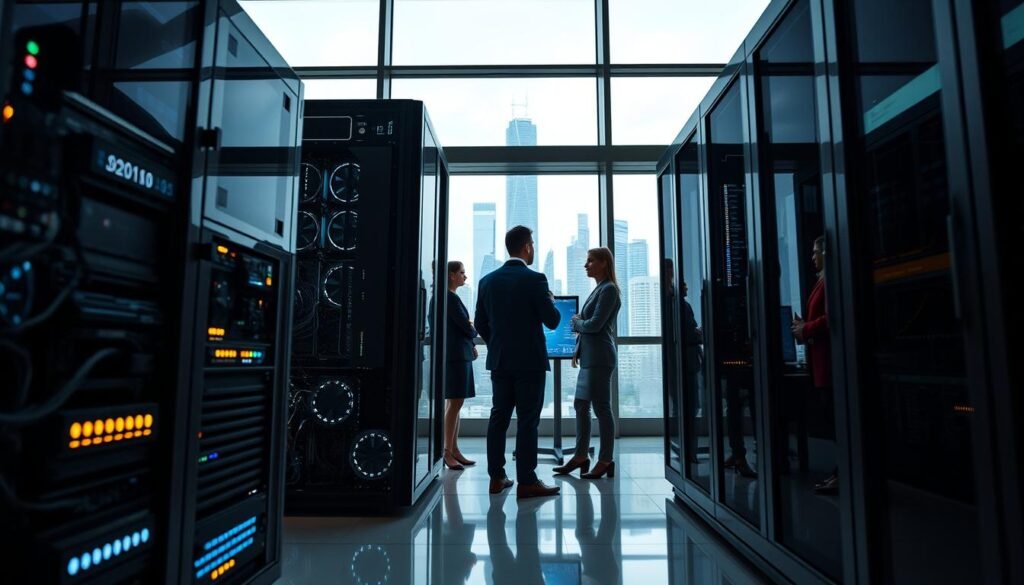 A sleek, modern supercomputer in a high-tech research facility, positioned in the foreground. The supercomputer, with intricate components and glowing lights, represents cutting-edge technology. In the middle ground, a diverse group of professionals in business attire attentively analyzing data on large digital screens, showcasing collaboration in a technologically advanced environment. The background features large windows with a city skyline, symbolizing global competition and innovation. Soft, focused lighting highlights the supercomputer while creating a serious and ambitious mood. The angle is slightly low, emphasizing the grandeur of the supercomputer while capturing the determination of the professionals engaged in investment and development of computing technology.