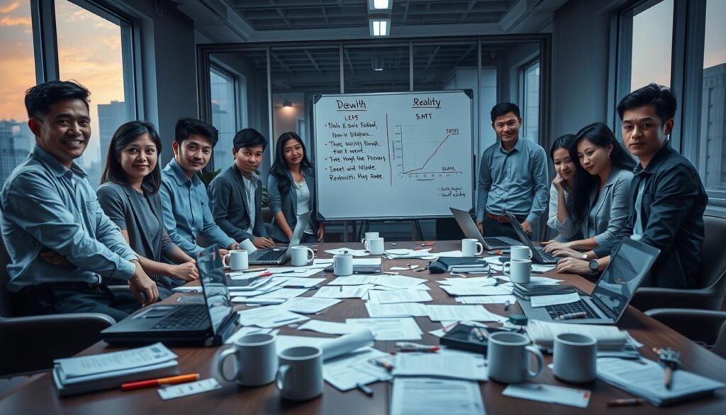 A visual representation of the downfall of a startup in Indonesia, focusing on a vibrant yet somber atmosphere. In the foreground, a group of diverse professionals in business casual attire, appearing distressed, are gathered around a table scattered with documents, laptops, and empty coffee cups, symbolizing the end of their venture. In the middle, a whiteboard displays fading graphs and notes about projected growth versus reality, emphasizing the contrast between initial optimism and current failure. The background features a modern office space with large windows dimly lit by the soft glow of evening light, creating a melancholic mood. The camera angle is slightly tilted, enhancing the sense of chaos and uncertainty. The overall color palette is muted with shades of blue and gray, evoking feelings of loss and reflection.
