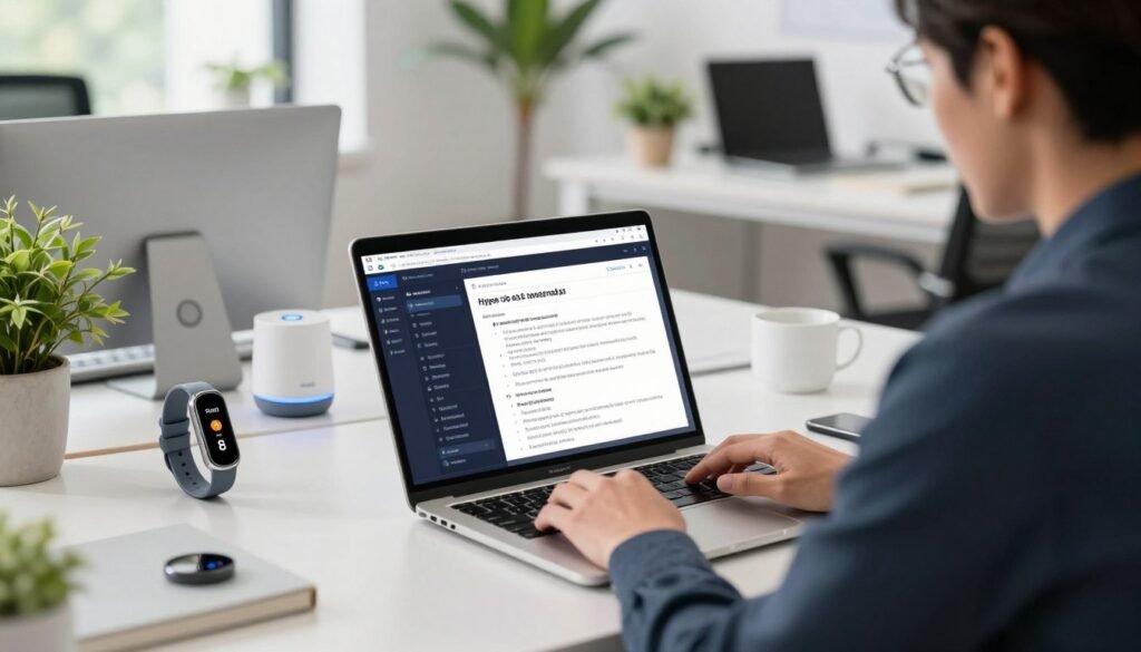 A modern, stylish workspace featuring a sleek laptop displaying a sophisticated AI writing and transcription interface, which showcases the power of AI for productivity. In the foreground, a business professional dressed in smart casual attire is engaged with the technology, exemplifying focus and creativity. The middle ground includes various smart devices, like a Xiaomi Smart Band 8 and smart home gadgets, seamlessly integrated with the workspace, symbolizing the HyperOS ecosystem. The background is a bright, well-lit office space with greenery and high-tech elements, creating a vibrant and innovative atmosphere. Soft, natural lighting accentuates the scene, with a slightly blurred background to emphasize the foreground action. A modern, stylish workspace featuring a sleek laptop displaying a sophisticated AI writing and transcription interface, which showcases the power of AI for productivity. In the foreground, a business professional dressed in smart casual attire is engaged with the technology, exemplifying focus and creativity. The middle ground includes various smart devices, like a Xiaomi Smart Band 8 and smart home gadgets, seamlessly integrated with the workspace, symbolizing the HyperOS ecosystem. The background is a bright, well-lit office space with greenery and high-tech elements, creating a vibrant and innovative atmosphere. Soft, natural lighting accentuates the scene, with a slightly blurred background to emphasize the foreground action.